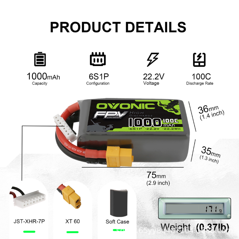 2Pcs OVONIC 1000mAh 100C 22.2V - Drone Battery 6S recension och pris